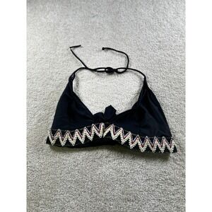 Bikini Top Womens Small Black Halter Tie Back Beaded Zigzag Trim Triangle Boho